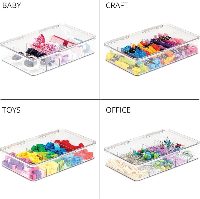 mDesign Plastic Divided Stackable Hair, Makeup & Jewelry Organizer Box with Hinge Lid for Bathroom Vanity Countertop - 5 Sections - Stores Hair Clips, Barrettes - Ligne Collection - 2 Pack - Clear