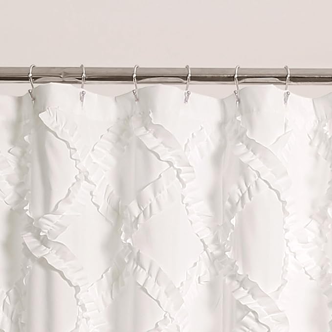 Lush Decor Ruffle Diamond Shower Curtain 72"L x 72"L White - Fabric Shower Curtains for Bathroom - White Bathroom Curtain - Vintage Farmhouse Decor