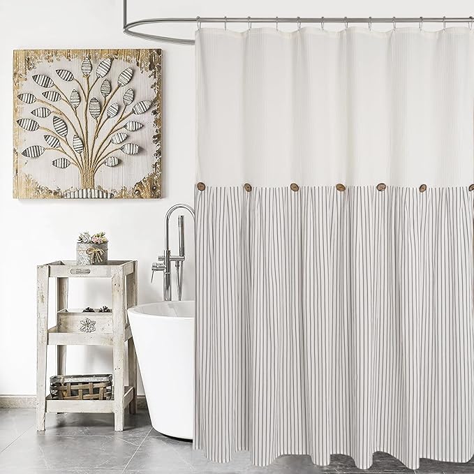 Farmhouse Shower Curtain,Beige and Gray Striped,Button Curtain,Spa Waffle and Cotton Woven Fabric,Rustic Charm Country Chic Style,72x96 in