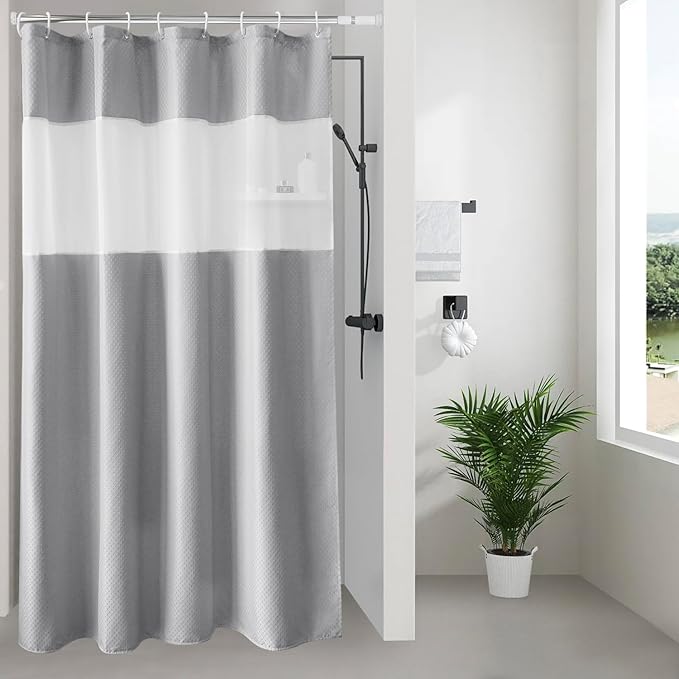 UFRIDAY Gray Waffle Weave Fabric Shower Curtain with Mesh Window, Stall Size Shower Curtain 36 X 72 inch,Heavy Duty Decorative Bathroom Curtain, Spa-Like Hotel Luxury, Water-Repellent,Gray