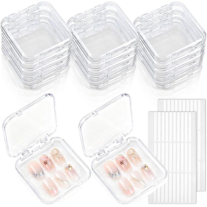 30pcs Press on Nail Storage Box with 60 Pcs Adhesive Double Sided Tape Acrylic Nail Display Boxes Artificial False Nail Box Organizer Fake Nail Case Transparent Nails Packaging Boxes for Nail Salon