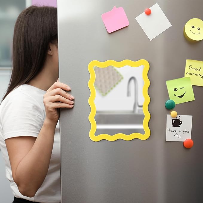 Leinuosen 1 Pcs Scalloped Magnetic Locker Mirror Small Real Glass Makeup Mirror with Magnetic Backing Cute Locker Decorations for Office Cabinet Lockers Accessories (5 x 7 Inch,Yellow)