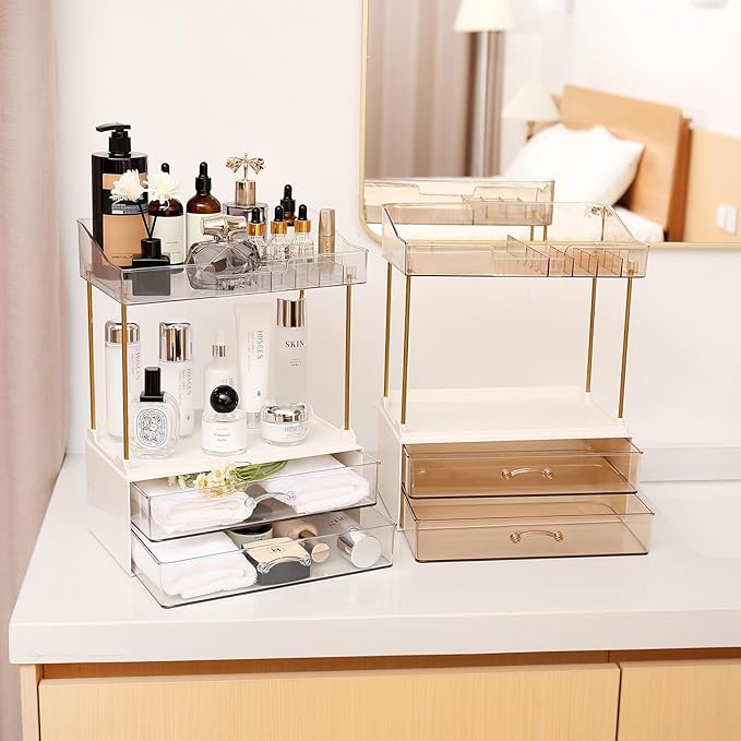 Elegant 2-Tier 2-Drawer Bathroom Countertop Organizer, Multi-Purpose Makeup & Skincare Organizer, Champagne Gold