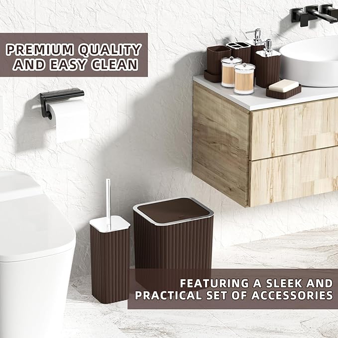 XLHOMO Bathroom Accessories Set - Gorgeous Bathroom Set, 10PC Brown Bathroom Accessories, Bathroom Accessory Set, Toilet Brush, Trash Can, Qtip Holder Dispenser & Soap Dispenser