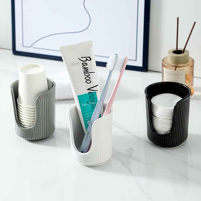 Dobbyby Ceramic Bathroom Cup Dispenser with Stylish Vertical Stripes - Disposable Mouthwash Cup Holder Holds 3-4oz Paper Cups for Rinsing Cups on Bathroom Vanity Countertops (White-White-2 Pack)