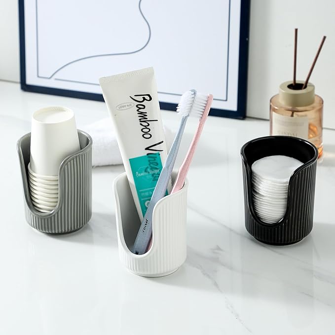 Dobbyby Ceramic Bathroom Cup Dispenser with Stylish Vertical Stripes - Disposable Mouthwash Cup Holder Holds 3-4oz Paper Cups for Rinsing Cups on Bathroom Vanity Countertops (Black)