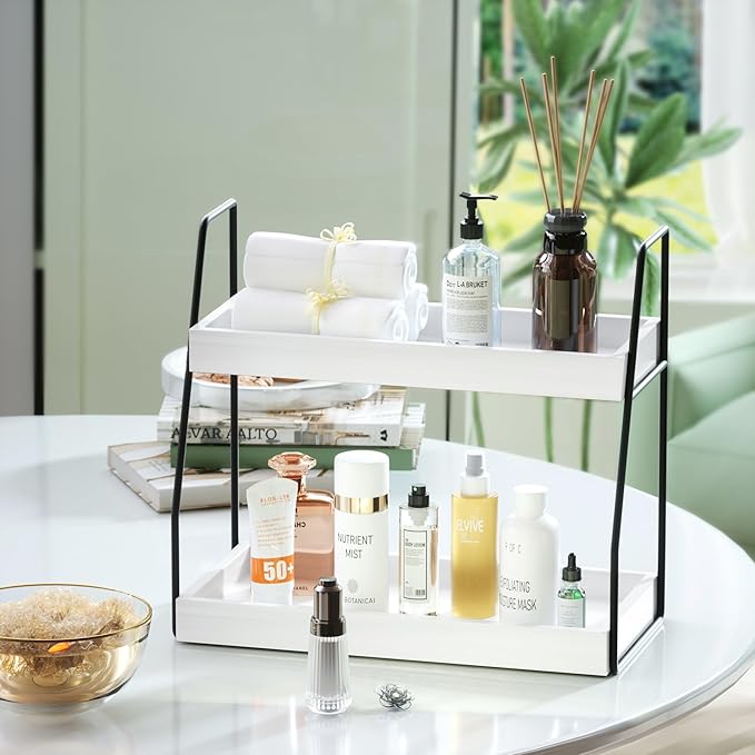 Bathroom Organizer Countertop, 2 Tier Small Counter Top Organizer for Bathroom, Decor, Modern Kitchen Counter Shelves for spice, Makeup Storage (black&white,2 Tiers)