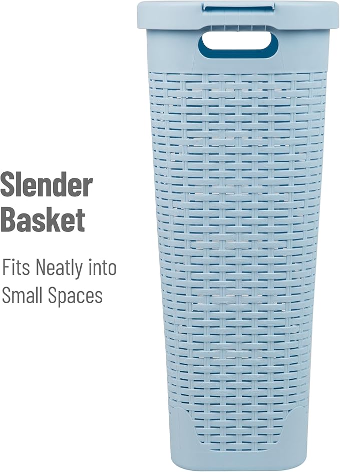 Mind Reader Slim Laundry Hamper with Lid, 40L Clothes Basket, Narrow Tapered Design with Ventilated Cutout Pattern, Plastic, Baby Blue