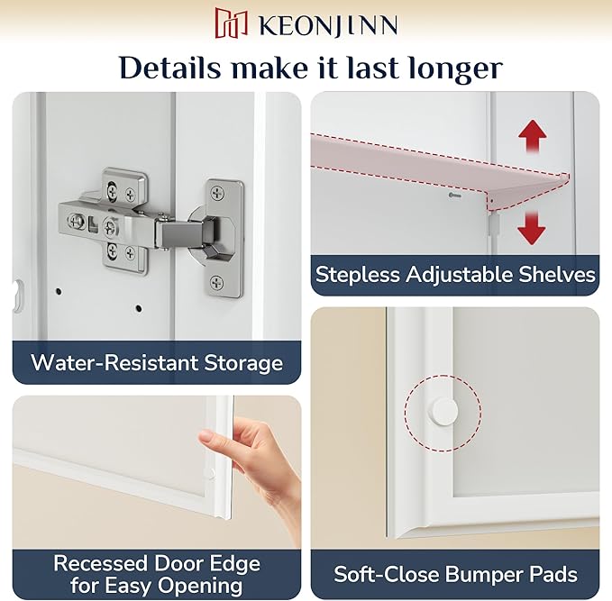 Keonjinn 48 x 32 Inch Large Medicine Cabinet Mirror, Assembly Required, White Bathroom Medicine Cabinets, Aluminum Framework, Adjustable Shelves, Tempered Glass, Soft Closing, Recessed or Wall Mount