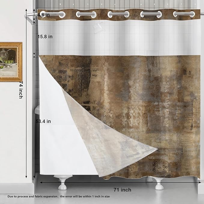 Shrahala Brown Abstract Art No Hooks Shower Curtain with Snap in Liner Set, Grey Acrylic Bathroom Décor Polyester Fiber Waterproof for Stall Bathtubs 71 X 74 in