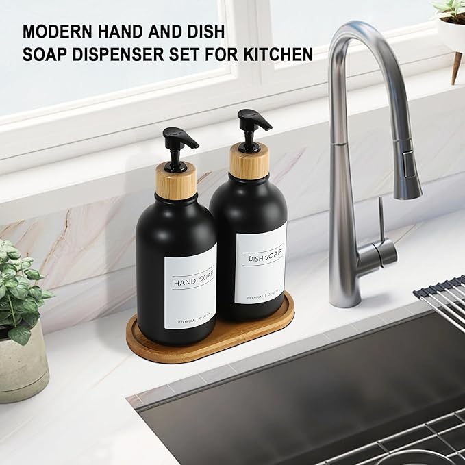 KASUNTING Hand and Dish Soap Dispenser Set, Plastic Kitchen Soap Dispenser Set with Bamboo Tray, 17 Fl Oz Black Soap and Lotion Dispensers Sets with 4 Pack Labels for Kitchen & Bathroom Countertop