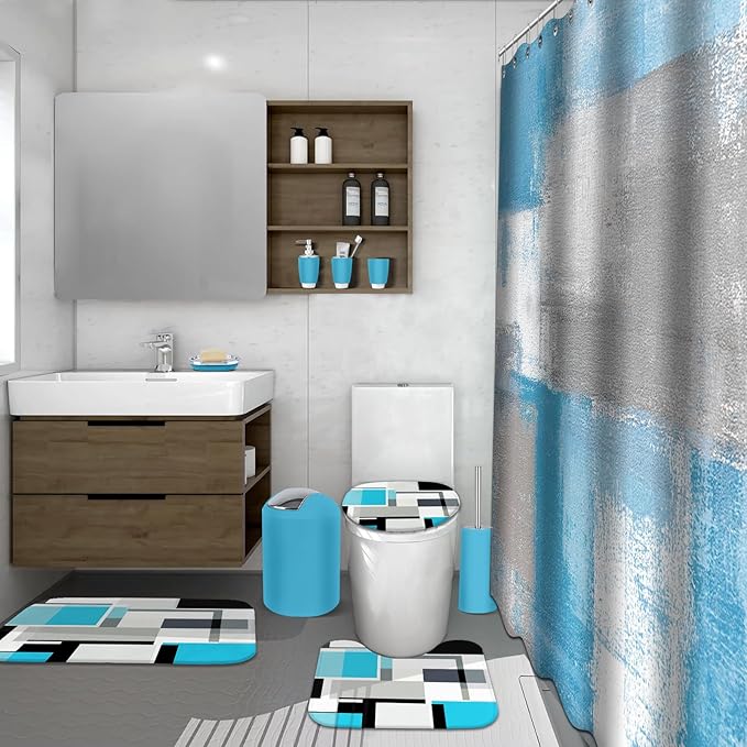 Lnond Blue Bathroom Set, 23-Piece Blue Grey Abstract Bathroom Decor Set with with Shower Curtain and Rugs, Trash Can, Toilet Brush Holder Set & Soap Dispenser