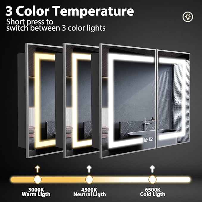 ROOMTEC Lighted Medicine Cabinet with Mirror 36"x30", Wall Mounted Bathroom Mirror with Storage, 2 Doors Bathroom Wall Cabinet with LED Lights, Sliver