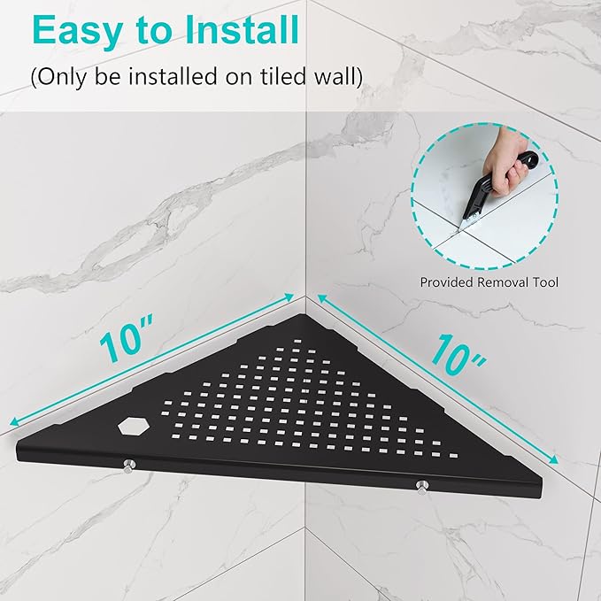 Qeke 10" Bathroom Corner Shelf, 2 Pack Recessed Shower Shelf Caddy, SUS304 Stainless Steel Shelf Wall Mount Triangular, No Drilling Matte Black