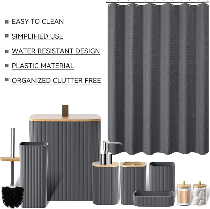 Bathroom Set - 22PCS Grey Bathroom Accessories Set Trash Can Toilet Brush Holder Set Soap Dispenser Bathroom Accessory Set with Shower Curtain Bathroom Decor Set for Home, Restroom