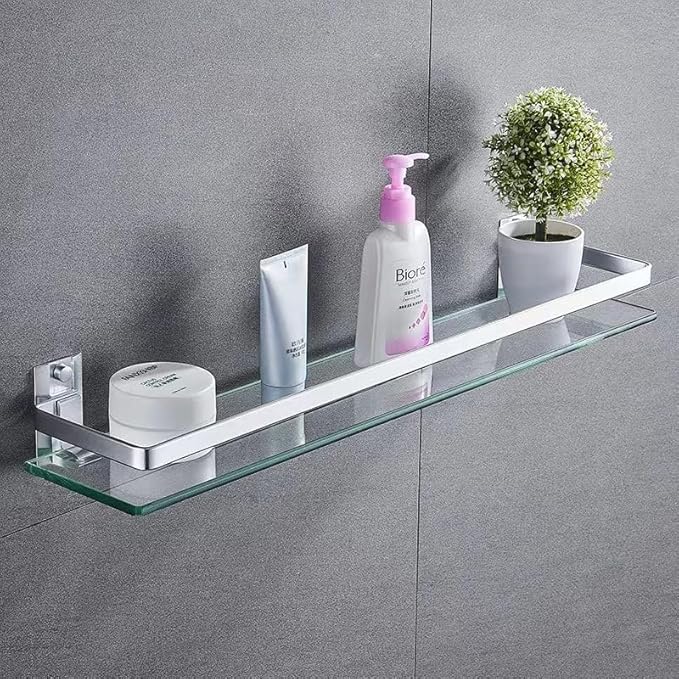 Bathroom Glass Shelf Tempered Glass Rectangular Extra Thick Aluminum Silver Sand Sprayed Wall Mounted 9.84 inches