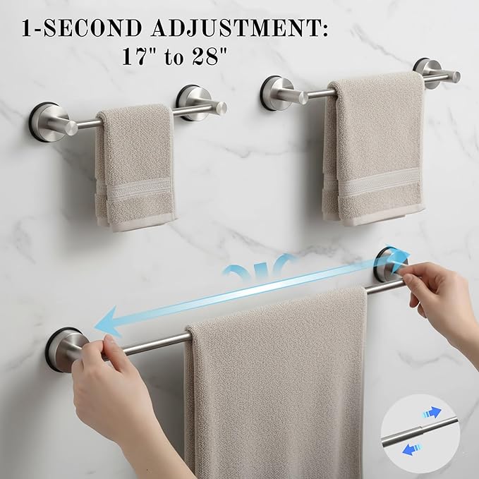 Suction Cup Towel Bar 17-28 Inch Adjustable Retractable Stainless Steel Towel Rack for Bathroom, RV & Renters - No Drill Heavy Duty Wall Mounted Holder, Removable for Glass & Tile (1, Silver)