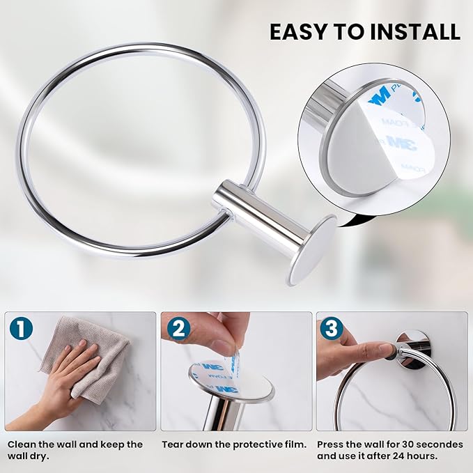2 Pack Self Adhesive Towel Ring Stainless Steel Wall Mounted Hand Towel Holder No Drilling Towel Hanger Rack for Bathroom Kitchen