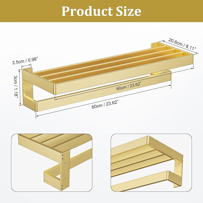 TNOMS Towel Racks Double Towel Bar,Brushed Gold Towel Holder 23.6-inch Stainless Steel Bathroom Hardware Accessories Set