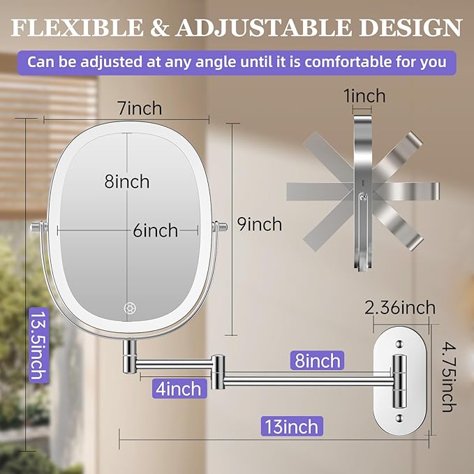 FUNTOUCH 30X/1X Wall Mounted Lighted Makeup Mirror,5000mAh Rechargeable Double Sided Magnifying Bathroom Lighted Mirror, 3 Color Modes Touch Dimmable Extended Arm 360 Rotation, Chrome