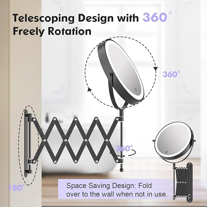5000mAh Rechargeable Wall Mounted Makeup Mirror - 8 Inch Double Sided 1X/30X Magnifying Mirror with 3 Color Lights Dimmable Touch Screen, 360°Swivel 19.6 Inch Extendable Accordion Bathroom Mirror