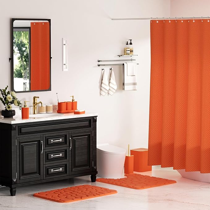XLHOMO Bathroom Accessories Set - 25PC Bathroom Sets with Shower Curtain and Rugs, Orange Bathroom Accessories with Trash Can, Soap Dispenser, Soap Dish & Toilet Brush
