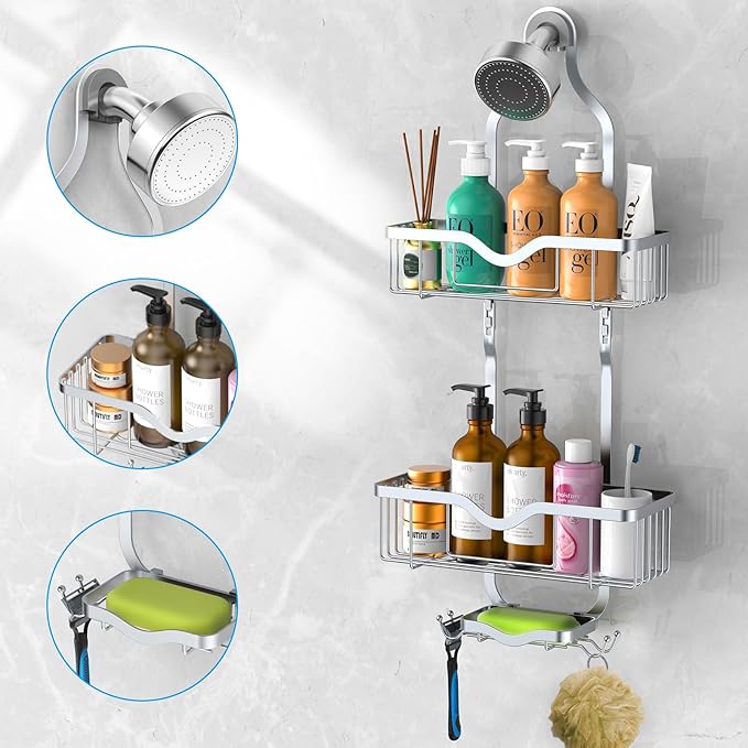 Kadolina Shower Caddy Hanging, Bathroom Shower Rack, Bathroom Organizer with Soap Dish, Over The Showerhead Caddy with Hooks for Razor/Sponge, Bright Silver (Assembly Required)