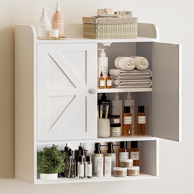 EasyCom 22" W x 26" H Bathroom Wall Cabinet, Farmhouse Medicine Cabinet with Adjustable Shelves and 2 Barn Doors, Over The Toilet Storage Cabinet for Bathroom,Kitchen,Living Room,White