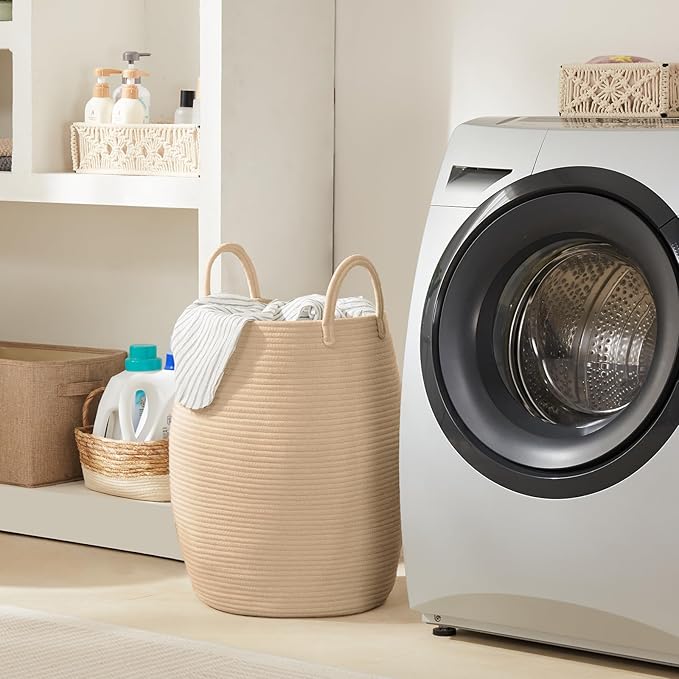 Large Laundry Hamper Basket by Fiona's magic, 65L Woven Tall Clothes Hamper for Storage Blanket, Toys and Dirty Cothes in Bedroom and Living Room Organizer, Brown