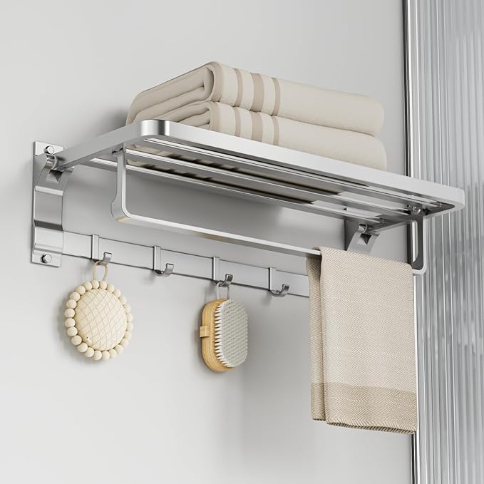 Foldable Towel Rack Wall Mounted, 23 Inch Rustproof Aluminum Bathroom Towel Shelf with Towel Bar & 5 Hooks, Space Saving Towel Storage Organizer for Bathroom Kitchen Laundry Room, Silver