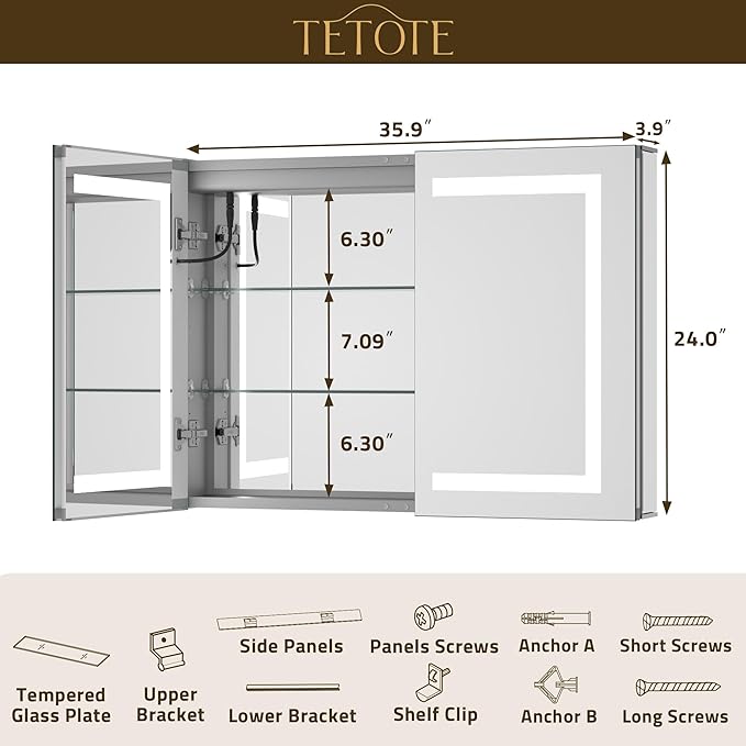 TETOTE LED Lighted Bathroom Medicine Cabinet Mirror with Lights 36 x 24 Recessed or Wall Mounted Cabinet with 2 Door, Tempered Glass, Outlets & USB, 3-Color Stepless Dimming, Defog, Adjustable Shelf