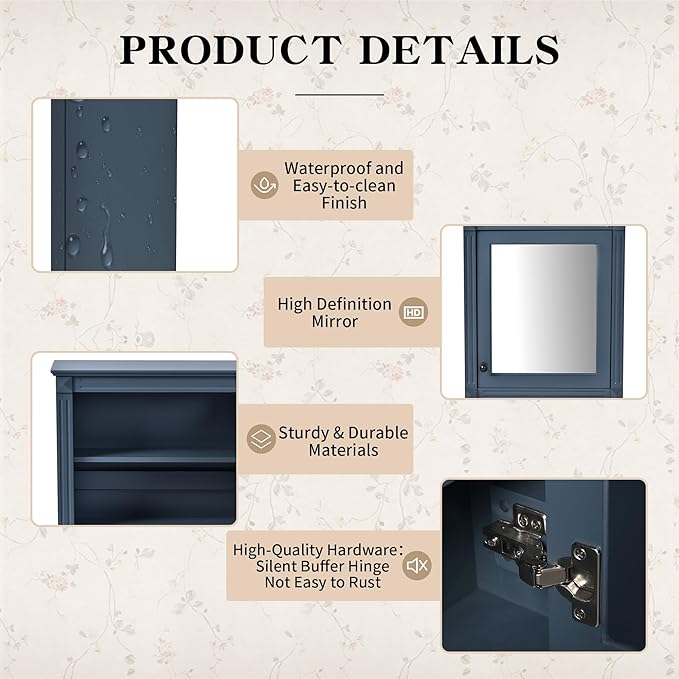 24'' x 27'' Wall Mounted Bathroom Storage Cabinet with Mirror, Medicine Cabinet with Height Adjustable Shelf, Over The Toilet Space
