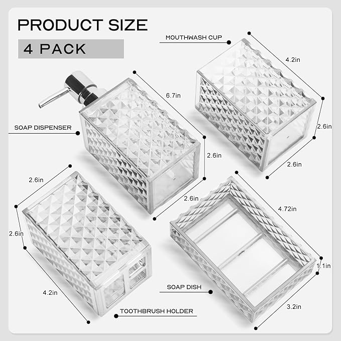 Bathroom Accessory Set, Grid Pattern 4 Pcs Plastic Bathroom Set Include Soap Dispenser, Soap Dish, Toothbrush Holder, Mousewash Cup, Modern Bahtroom D??cor Set(White)