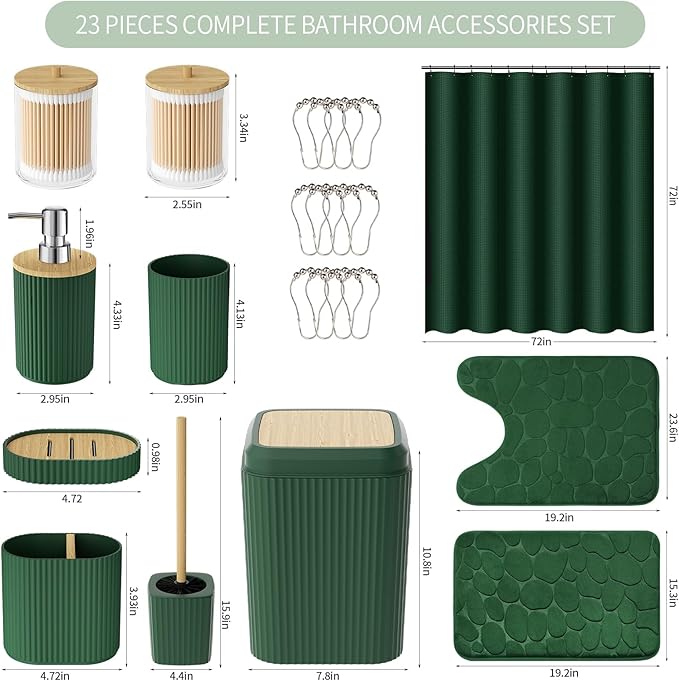 Green Bathroom Accessories Set - Bathroom Set with Shower Curtain and Rugs, Trash Can, Toilet Brush with Holder, Soap Dispenser, Toothbrush and Toothpaste Holder, Cup, Soap Dish, Qtip Holders, Hooks