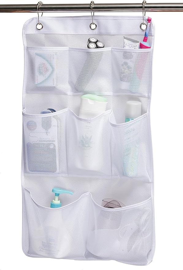 KIMBORA Mesh Shower Organizer Hanging Bathroom Caddy 8 Pockets Hang Curtain Rod with 3 Rings