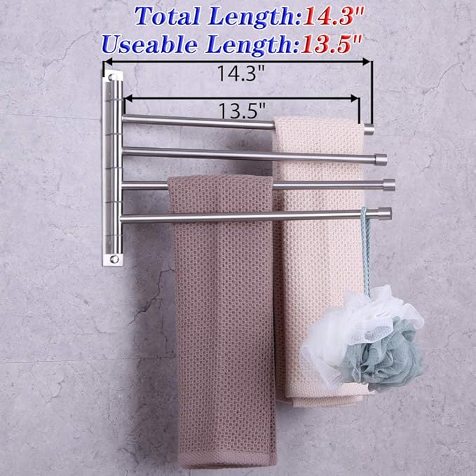 GERZWY Swivel Towel Bar SUS 304 Stainless Steel 4-Arm Bathroom Swing Hanger Towel Rack Holder Storage Organizer Space Saving Wall Mount Brushed Finish HYG04-LS