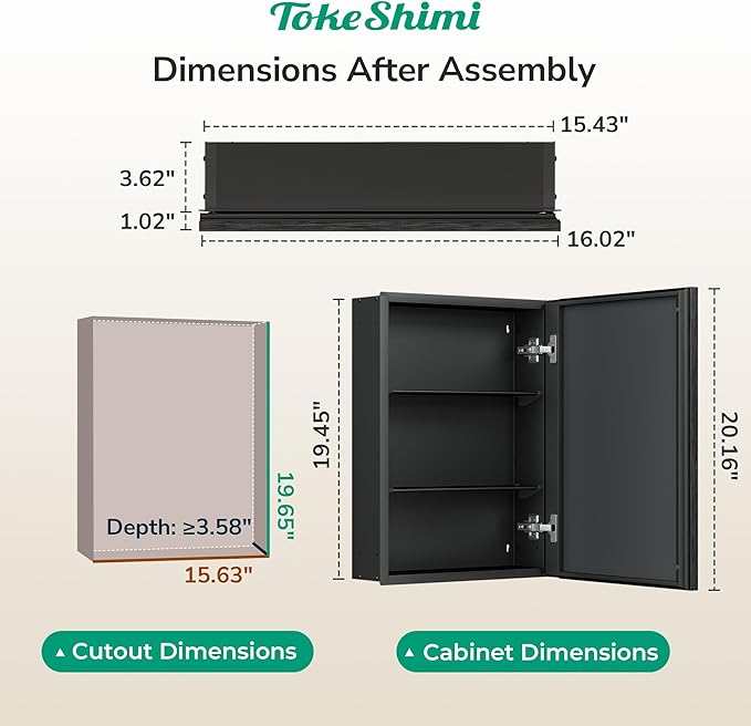 TokeShimi 16 x 20 Recessed Medicine Cabinet with Mirror, Assembly Required, Black Bathroom Medicine Cabinet with Mirror, Stepless Adjustable Shelves, Beveled Aluminum Frame, DTC Hinge