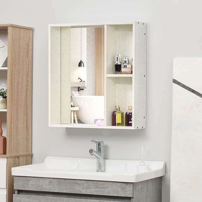 kleankin 24.75" x 25.5" Bathroom Medicine Cabinet with Mirror, Storage Shelf, Over Toilet Bathroom Cabinet Wall Mounted for Living Room and Laundry Room, White