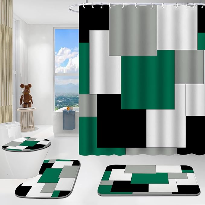 Green Bathroom Set with Shower Curtain and Rugs, 4 Piece Geometric Bathroom Set with Rugs, Incl Shower Curtain with 12 Hooks, Bath Mat, U-Shaped Floor Mat, Toilet Lid Oval Rug