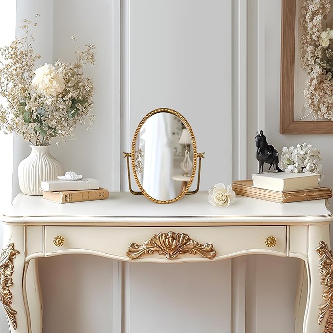 Vintage Desk Makeup Mirror, 12" L x 7.9" W Antique Gold Vanity Table Mirrors, Metal Framed Oval Small Standing Mirrors with Beaded, 360 Adjustable Rotation for Tabletop, Bedroom