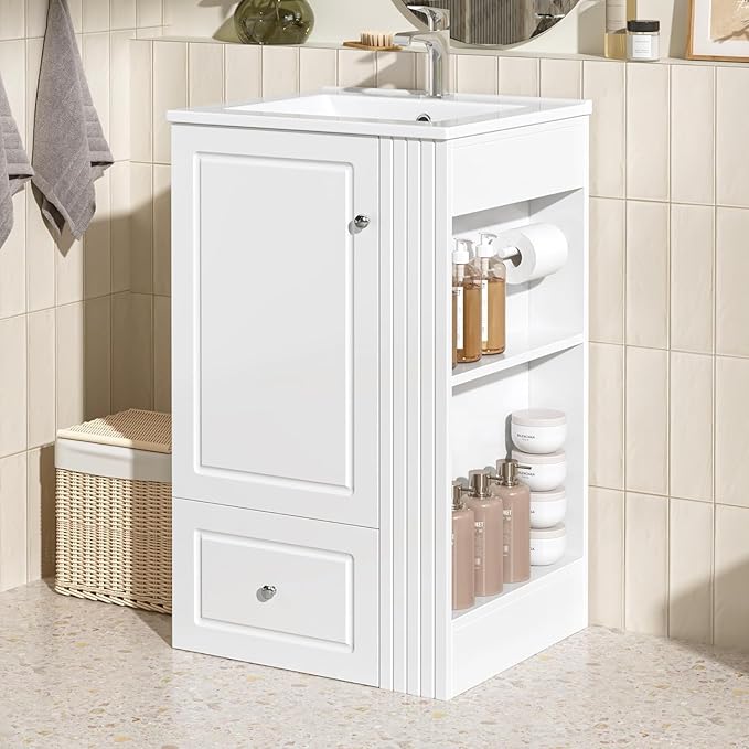 Virubi 20 in Small Bathroom Vanity with Sink,Drawer,Doors and Side Storage & Toilet Paper Holder, Solid Wood & MDF Modern Single Bathroom Sink Cabinet with Drawers,Freestanding (White,20 in)
