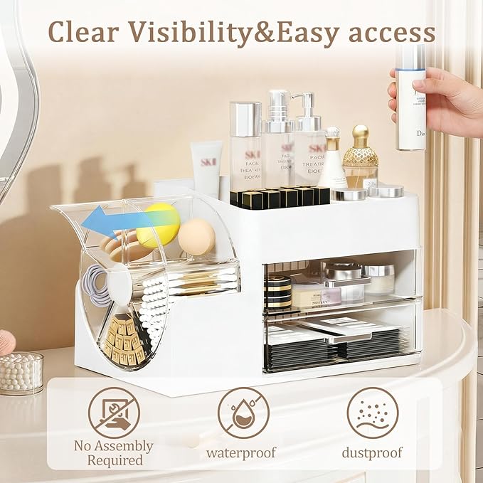 Makeup Organizer with Large Capacity, Stain-Resistant Rotating Clear Compartment and 2 Drawers for Cosmetics and Skincare Storage – Vanity Countertop Organizer for Bathroom and Bedroom (White)