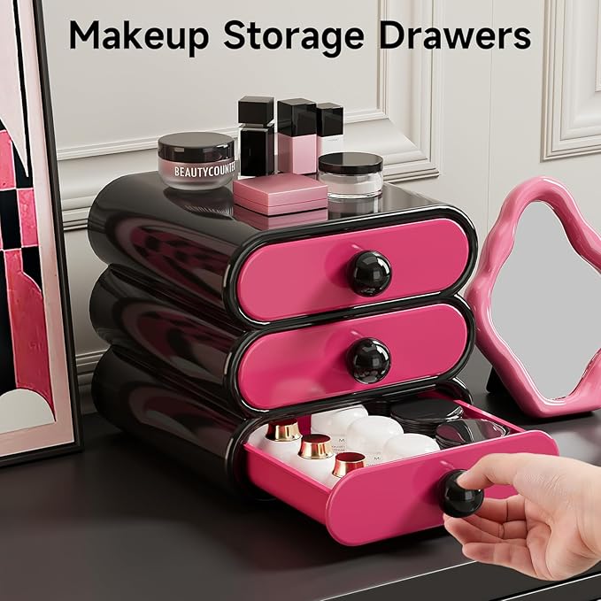 3-Drawer Desktop Organizer, Compact Vanity Drawer Organizer for Makeup, Small Plastic Drawer Containers for Bathroom, Cabinet