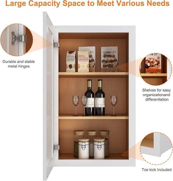 ROOMTEC Wood Wall Cabinet,RTA Single Door Medicine Cabinet with Adjustable Shelves and Soft-Close Door for Kitchen, Bathroom, and Laundry. 12" D*18" W*30" H, Shaker White
