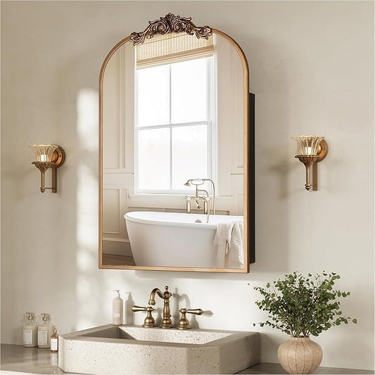 24x35 Inch Bathroom Medicine Cabinet with Mirror, Recessed or Surface Mount, Sturdy, Durable & Easy Installation, Vintage Metal Frame(Gold)