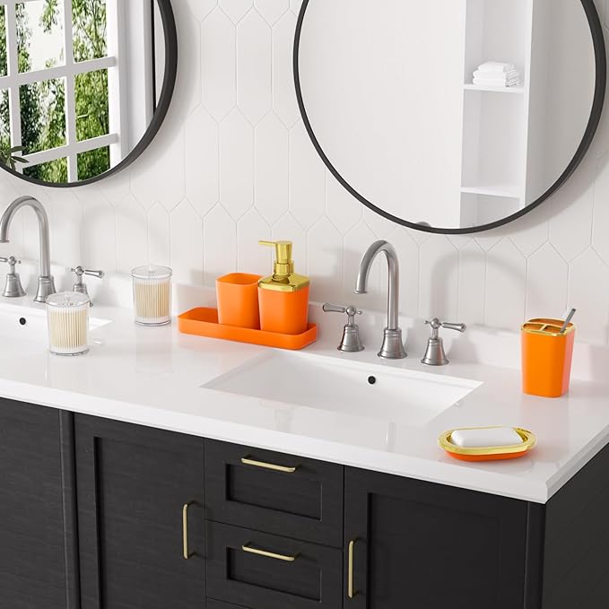 XLHOMO Orange Bathroom Accessories Set, Orange and Gold Bathroom Accessories with Trash Can, Soap Dispenser, Soap Dish, Toothbrush Holder and Q-tip Holders