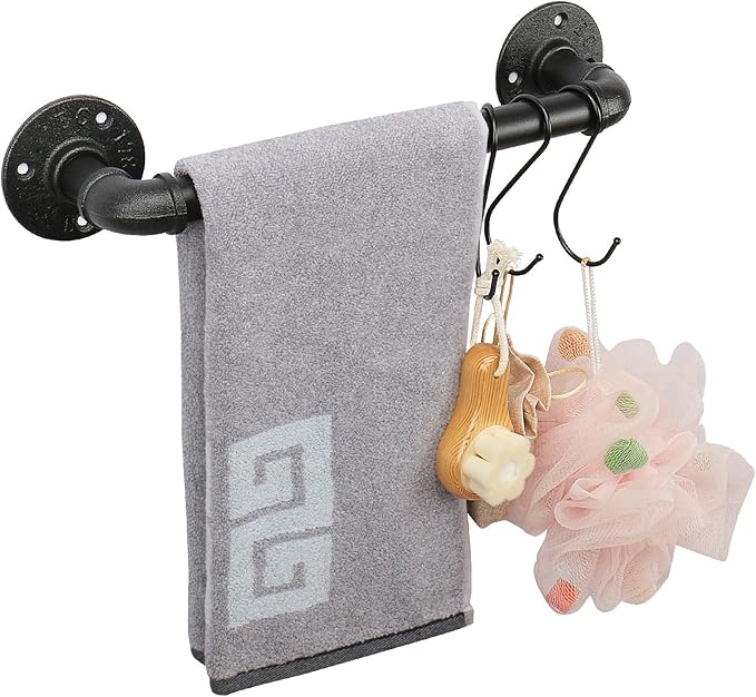 NearMoon Industrial Pipe Towel Bar, Heavy Duty Bathroom Hardware Towel Holder Accessory, Wall Mounted DIY Rustic Iron Bathroom Towel Rack Holder (12 Inch, Black)