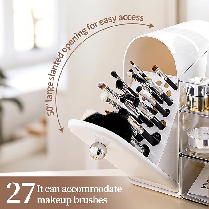 27 Slot Countertop Makeup Organizer with Brush Holder, 3-Tier Multifunctional Makeup Storage Organizer for Vanity, Fits Brushes & Large Cosmetics, Detachable & Easy to Clean