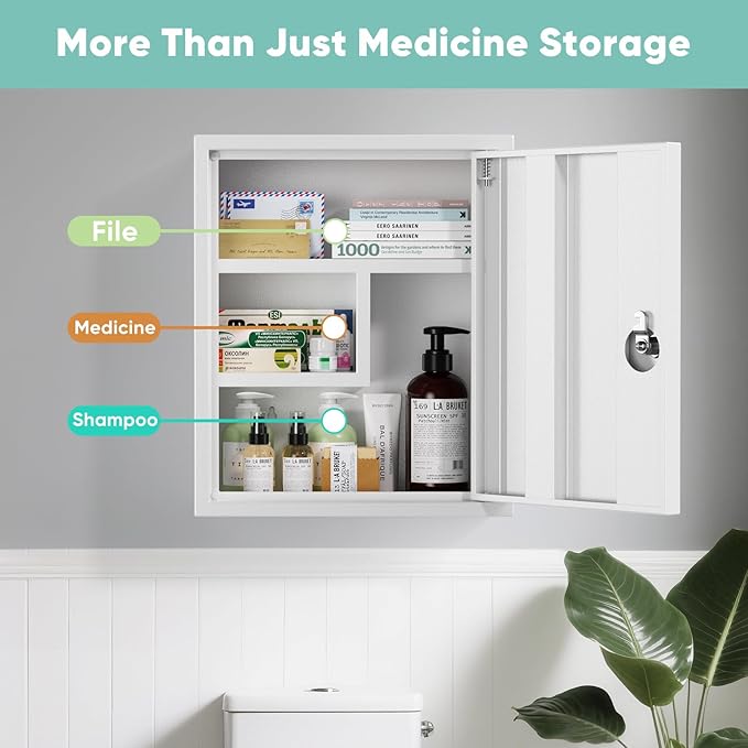 POKIPO Wall Mount Locking Medicine Cabinet, Empty Metal Medicine Storage Box with All-Metal Digit Lock, Bathroom Cabinet Organizer Over the Toilet, Keyless First Aid Box for Home School Business