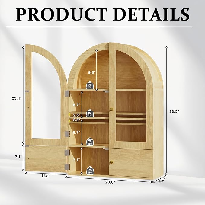 BREEZEHEAT Arched Medicine Cabinet with Extra Storage, Glass Doors, Adjustable Shelf -Wall Mounted Over Toilet Cabinet for Bathroom, Kitchen, Laundry Room, Natural Oak Wood Grain, 23.6x33.5 Inch